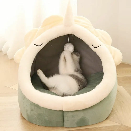 Niche douillette pour chat – Design dinosaure avec jouet suspendu