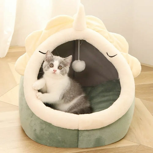 Niche douillette pour chat – Design dinosaure avec jouet suspendu