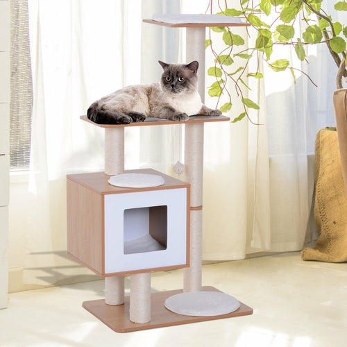 Arbre à chat en bois premium avec griffoir et maison – 119 cm