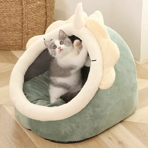 Niche douillette pour chat – Design dinosaure avec jouet suspendu